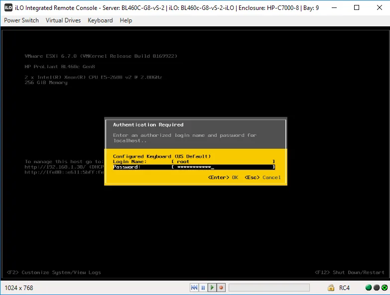 Окно ввода логина и пароля ESXi