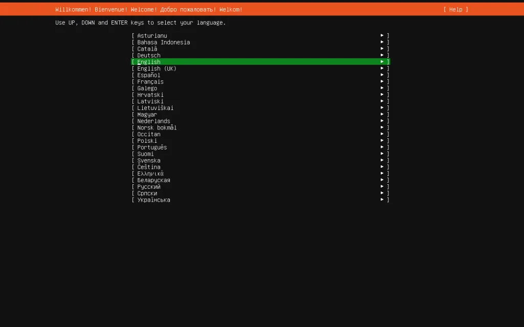 Установка Ubuntu Server 26 - Шаг 1 - Выбор языка
