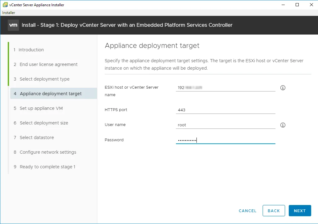 Указываем ESXi хост куда деплоим vCenter