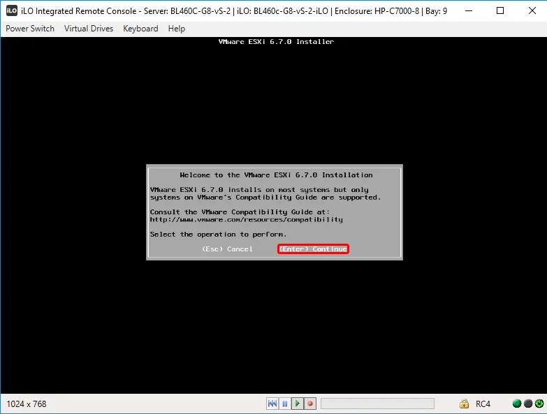Экран приветствия ESXi