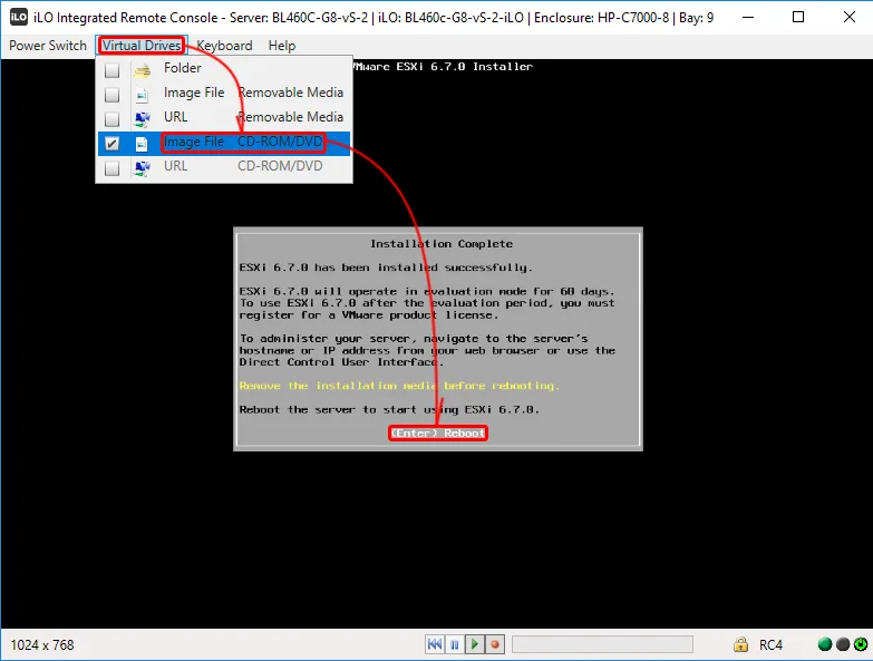 iLO, завершение установки ESXi